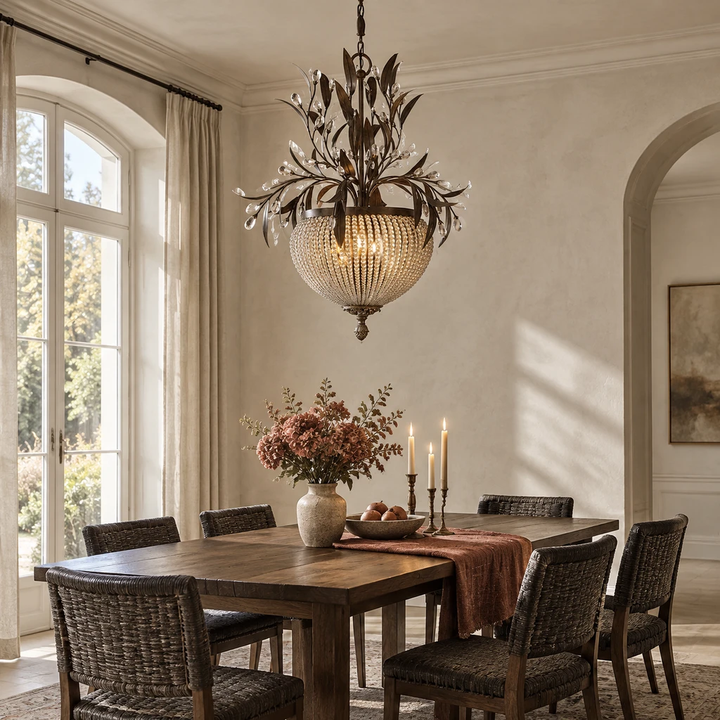Celeste chandelier above a dark walnut formal dining table
