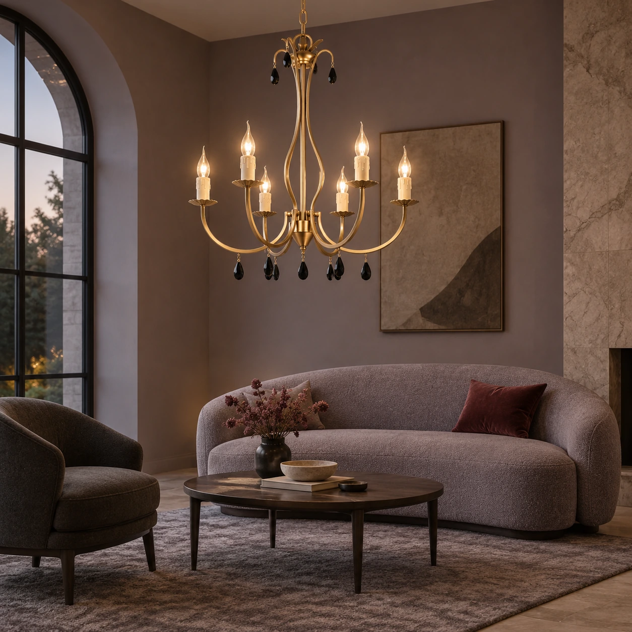 Celeste vintage gold chandelier in a muted plum boutique-hotel lounge