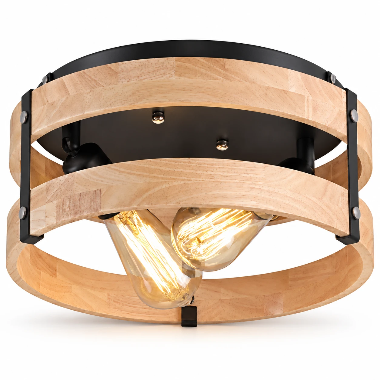 Natural wood round cage ceiling light on a white background