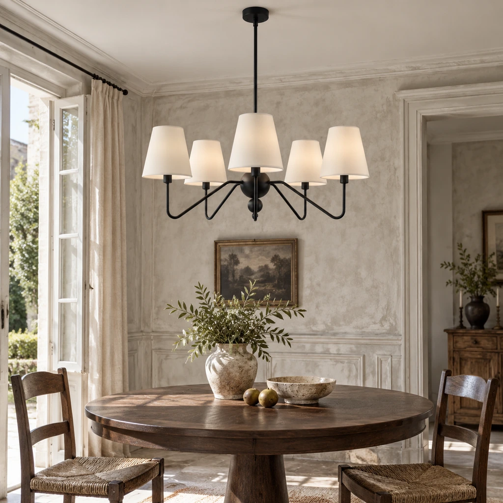 Black fabric shade branch chandelier installed above a dining table