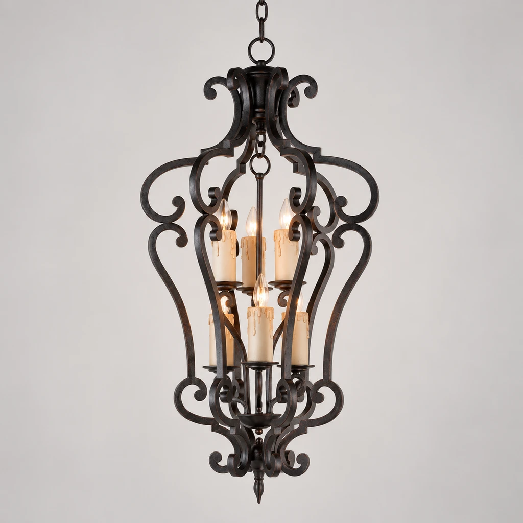 Harrow six-light iron chandelier illuminated in a neutral studio