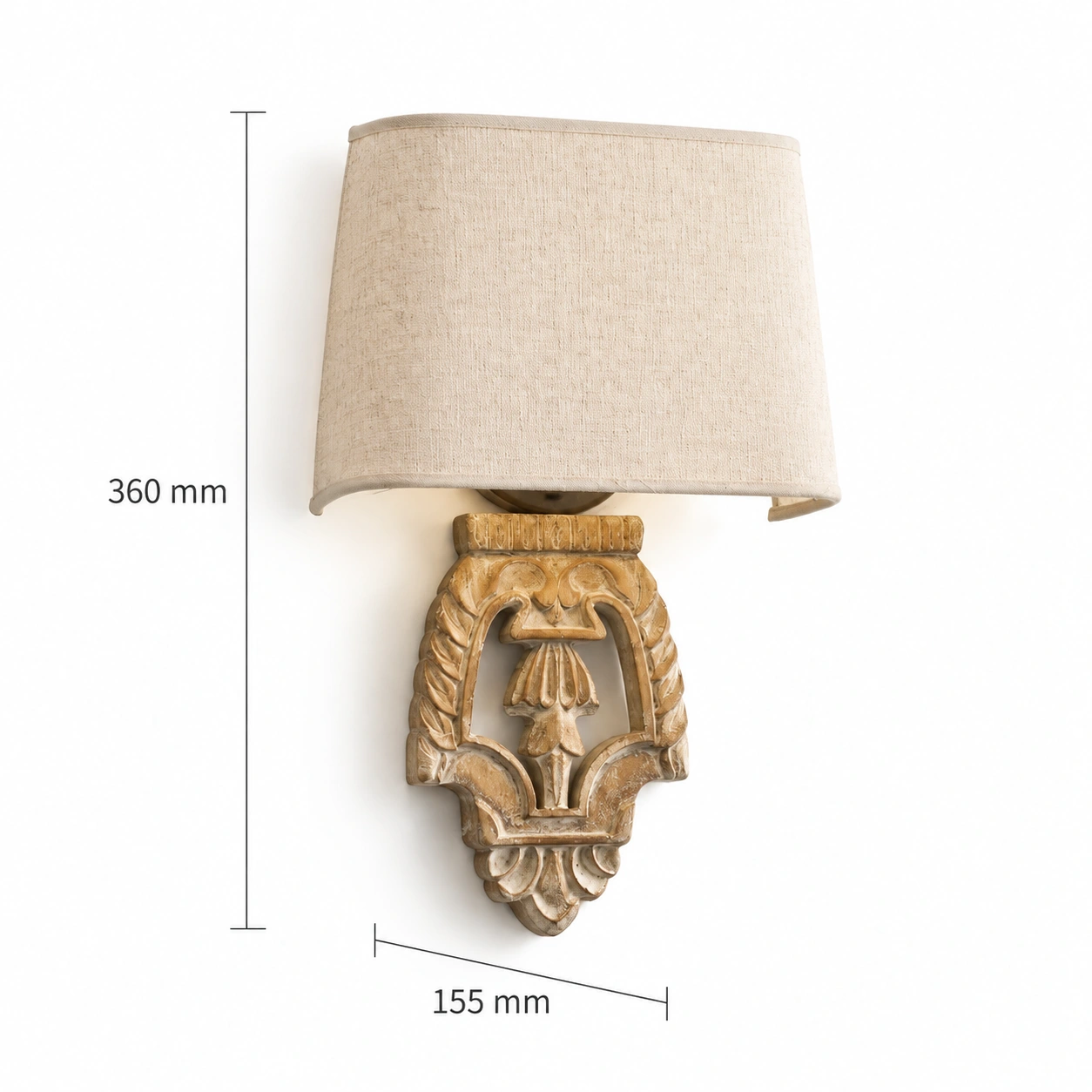 Carved Wood Shield wall light side dimensions: 155 mm deep and 360 mm high