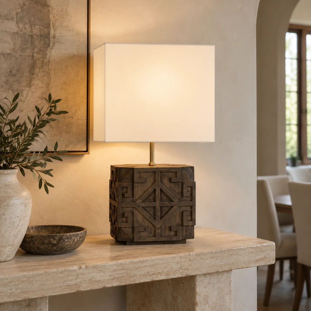 Aurelia table lamp on a dining console in a pale limestone room