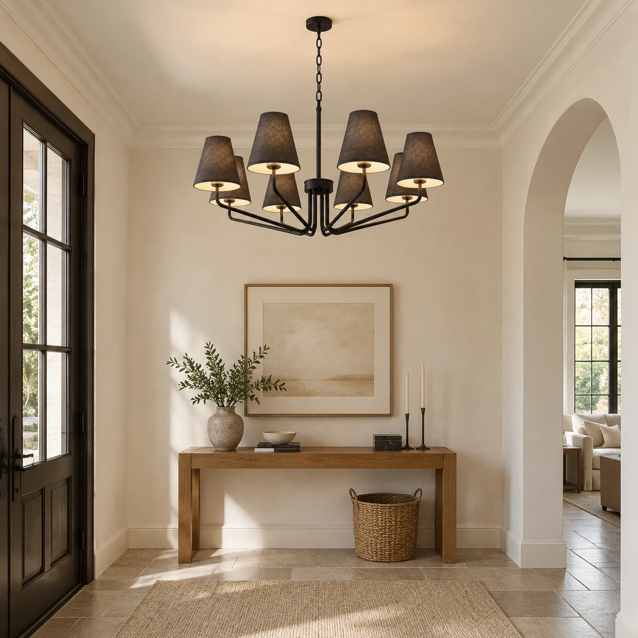 Lucia black iron branching fabric-shade chandelier in an entry hall