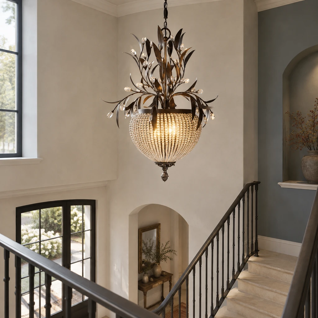 Celeste chandelier suspended in a double-height stair hall