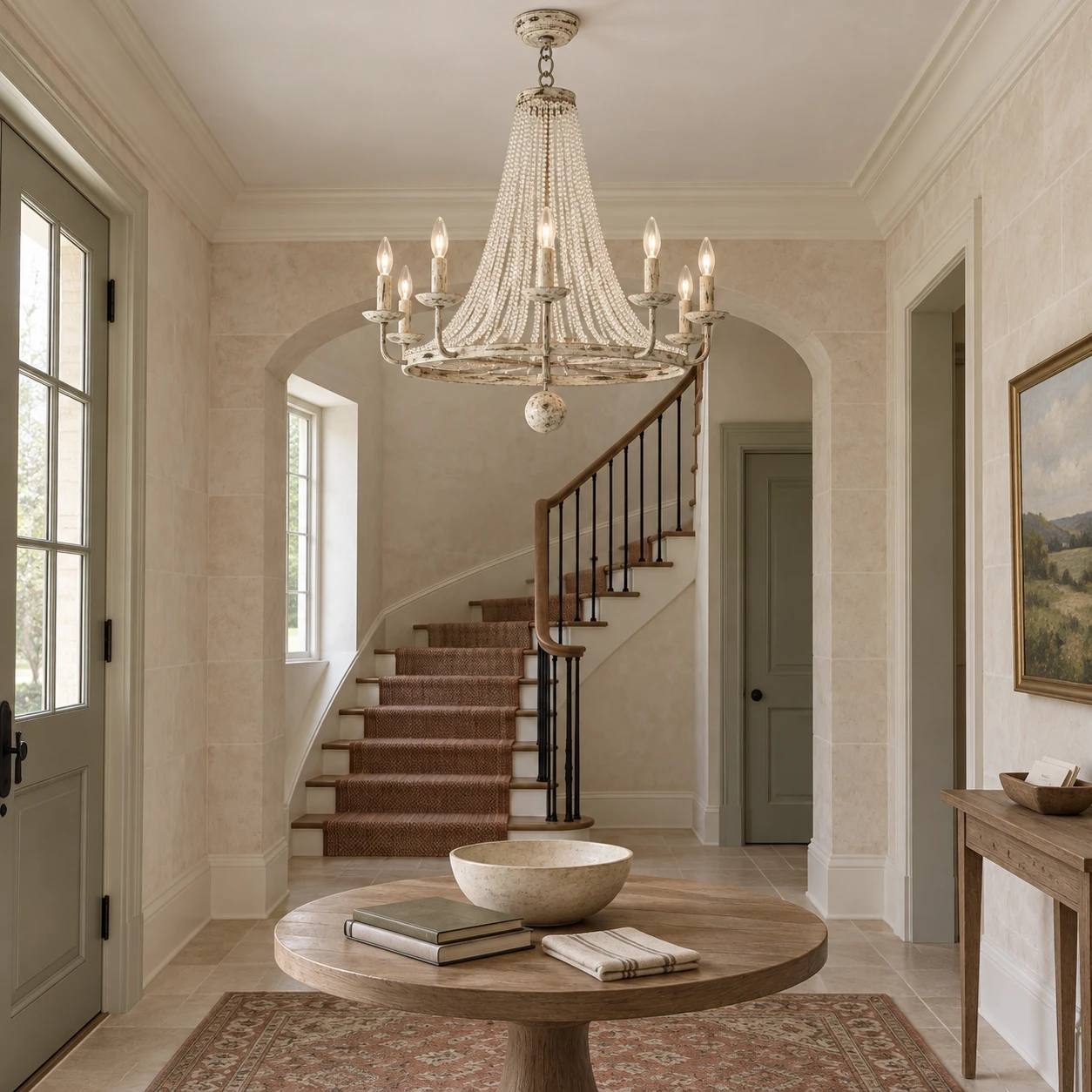 8-light French country crystal bead chandelier in an entry hall