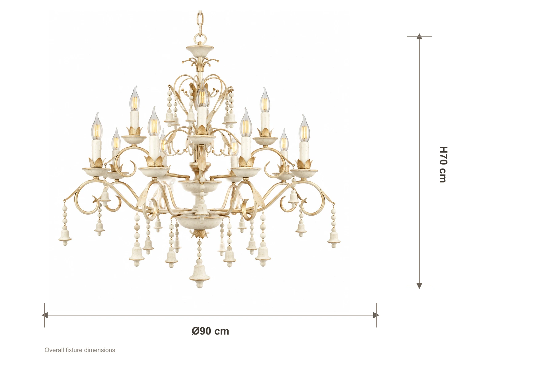 Schéma dimensionnel d'un lustre sur fond blanc, montrant un diamètre de 90 cm et une hauteur de 70 cm.
