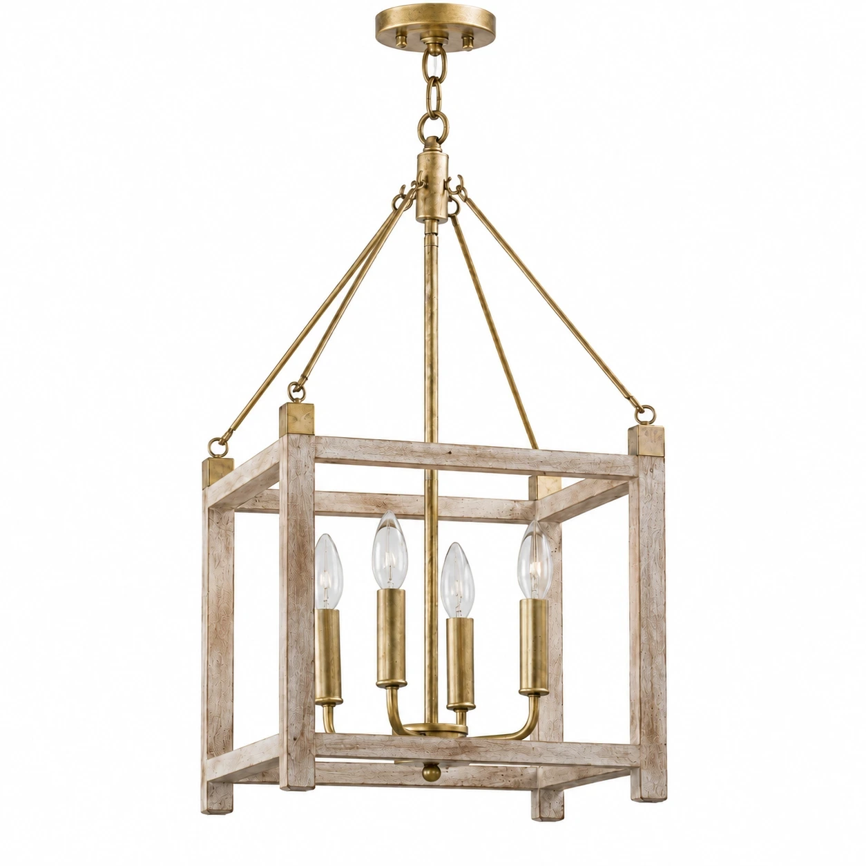 Milo American Rustic Four-Light Iron and Wood Chandelier switched off on a white background