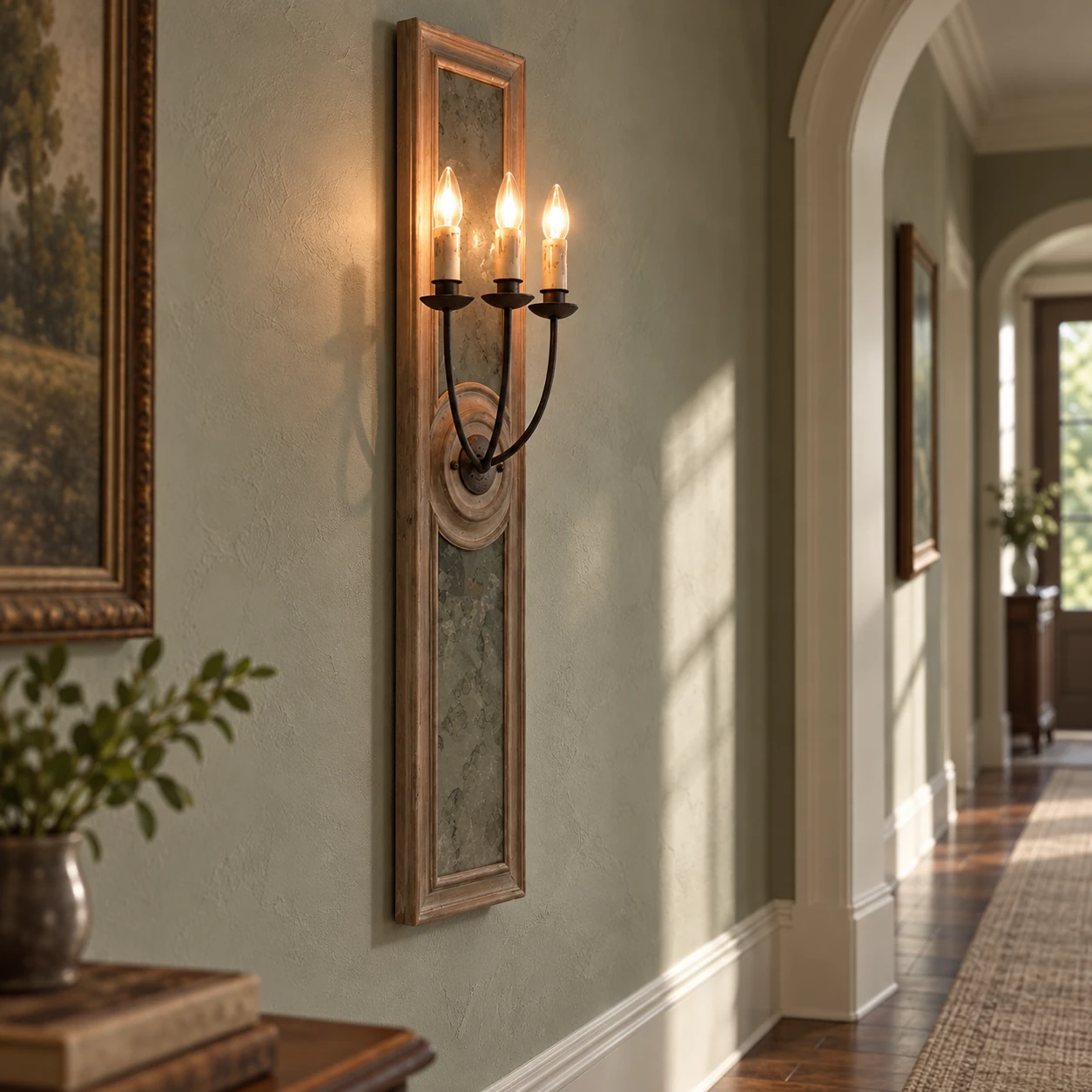 Maren carved wood wall sconce physically installed in a traditional hallway