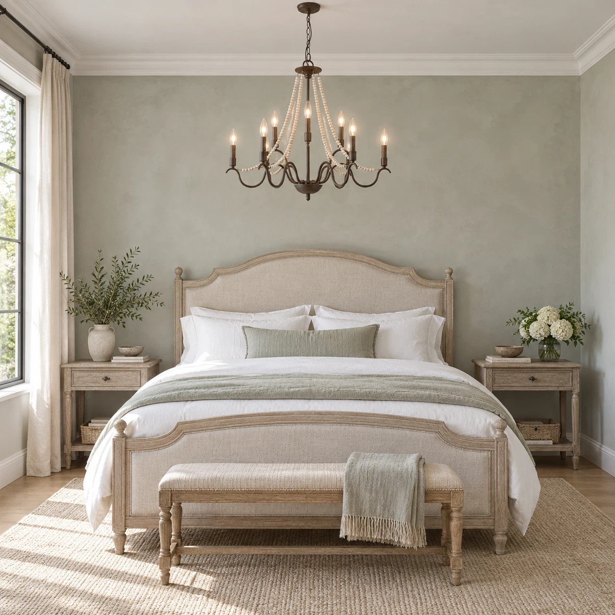 Wood bead chandelier in a guest bedroom