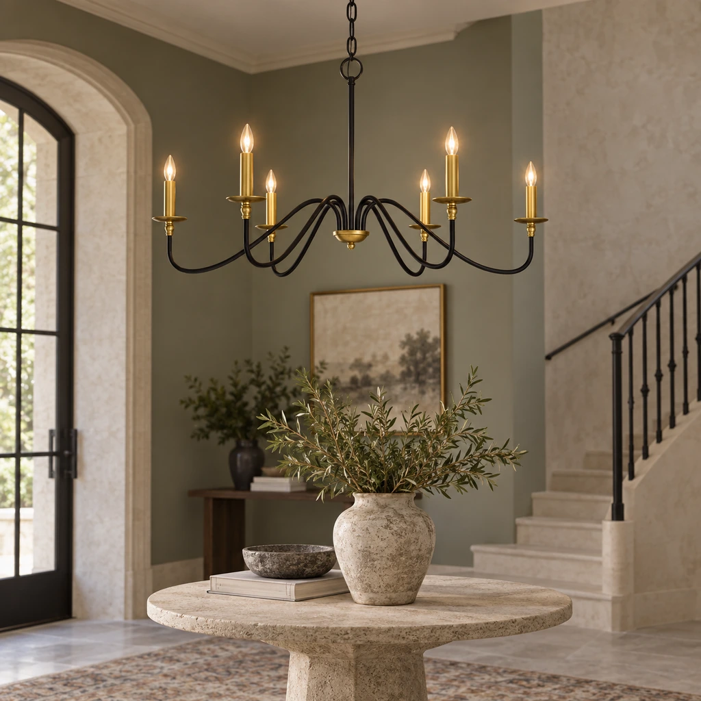 Arden black chandelier in an olive-gray architectural foyer