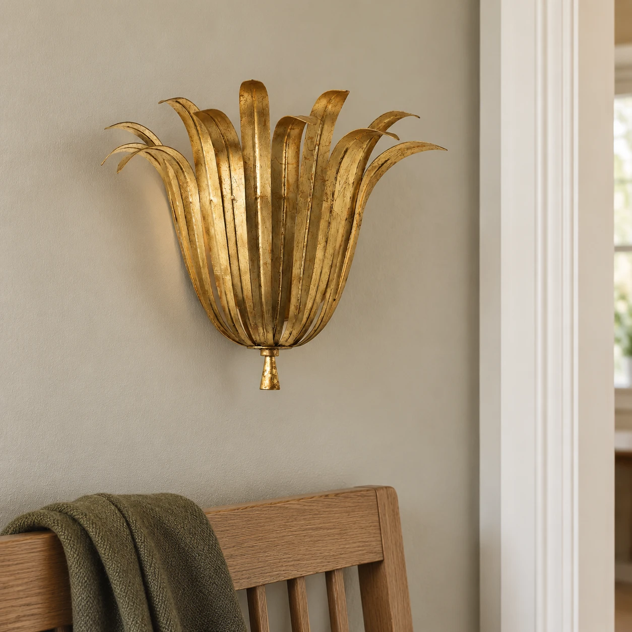 Vintage Gold Leaf wall sconce above a domestic entry bench