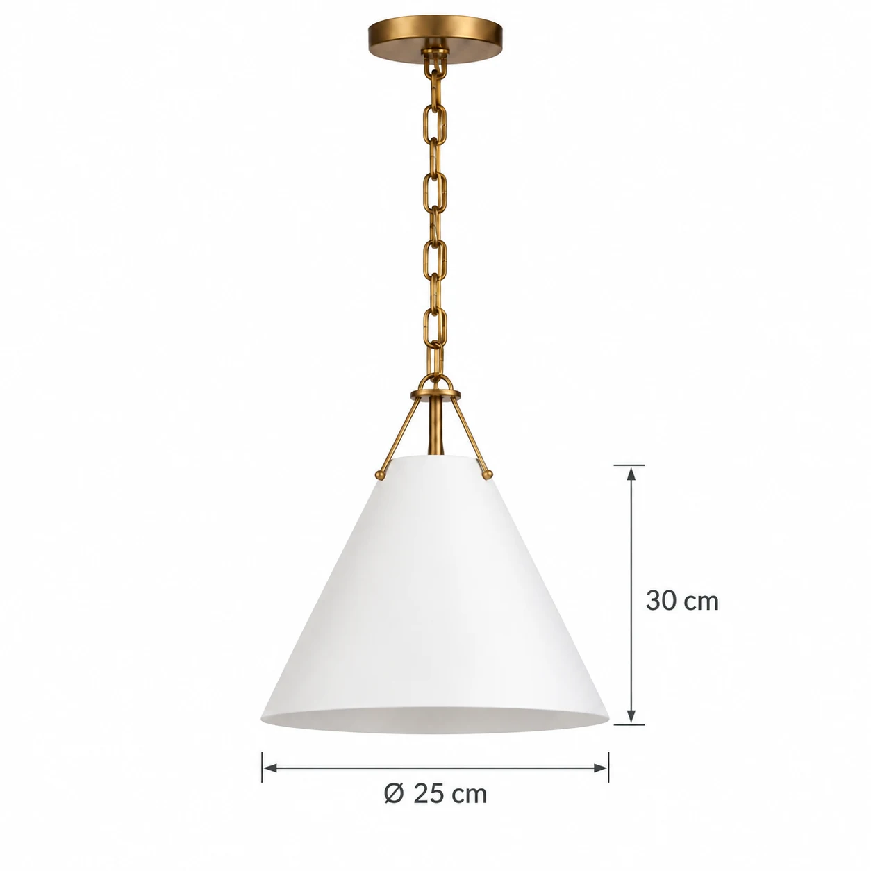 Elodie iron cone pendant side dimensions: 25 cm diameter and 30 cm height