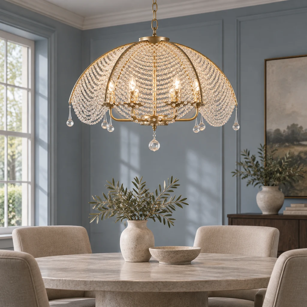 Aurelia beaded dome chandelier above a stone table in a blue-gray dining room