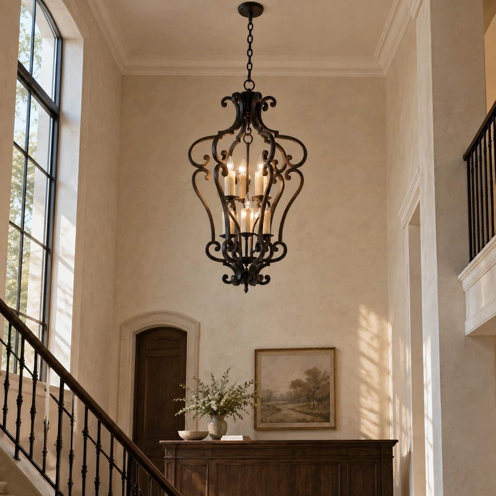 Harrow chandelier in a tall boutique hotel stair lobby