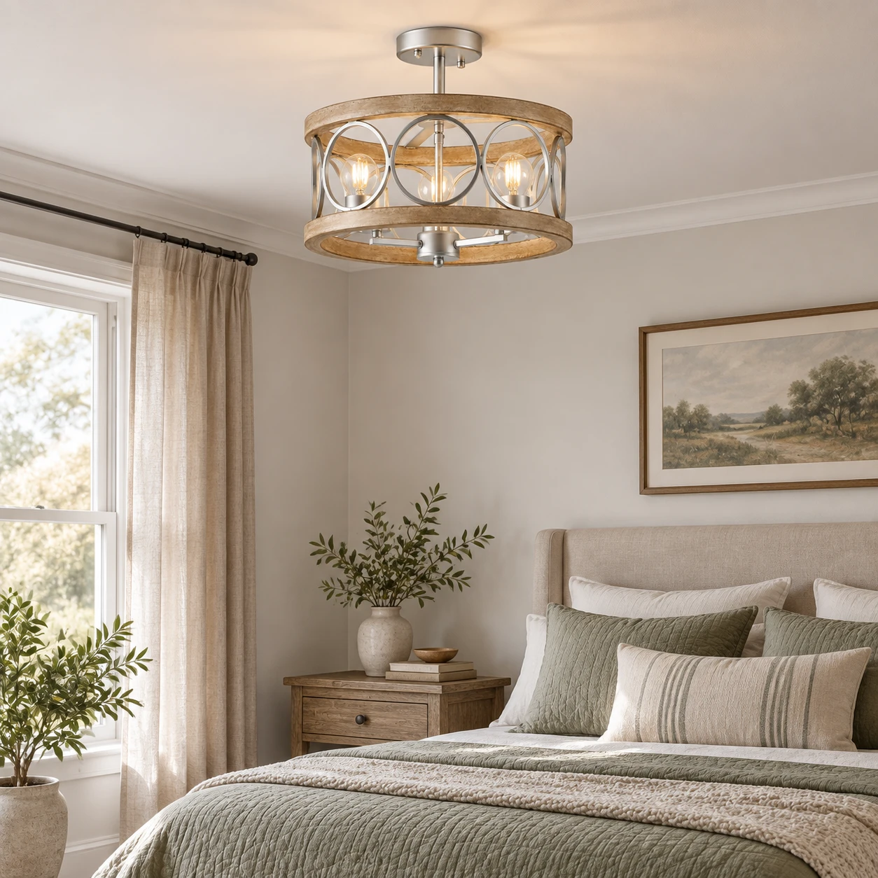 American Rustic Wood Lantern Ceiling Light in a calm bedroom with an aged-oak nightstand and soft morning daylight