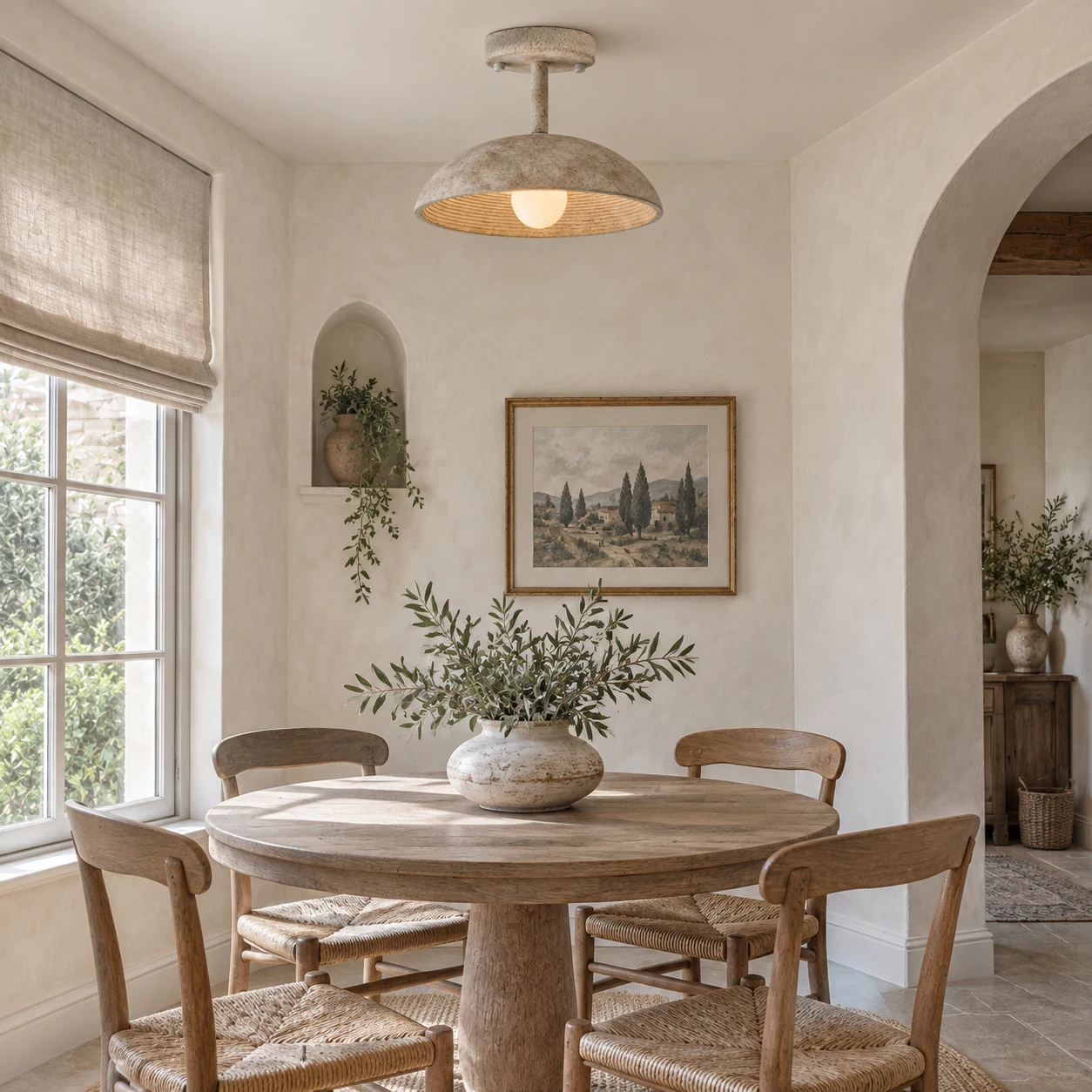 Clara vintage textured resin flush mount ceiling light above a dining nook