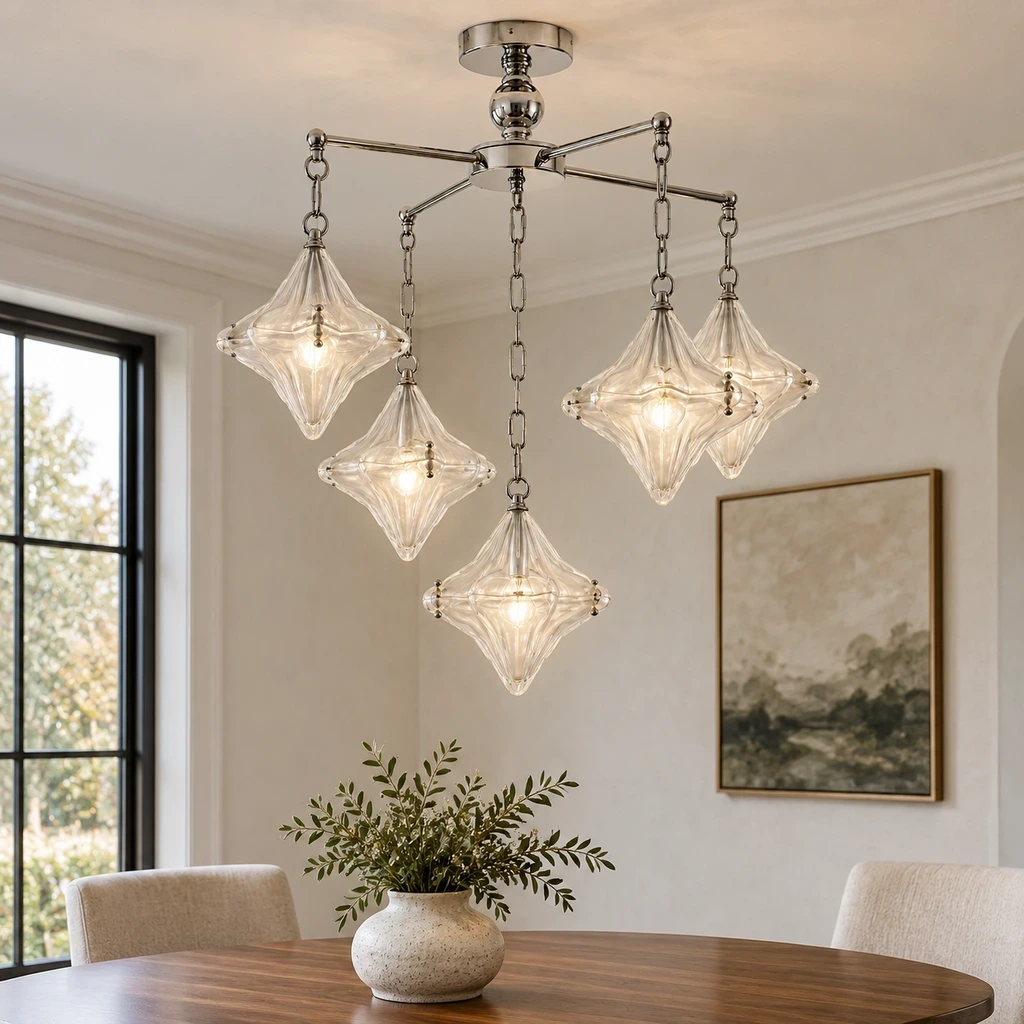 Lena Bauhaus Star Glass Alloy Chandelier above a dining table