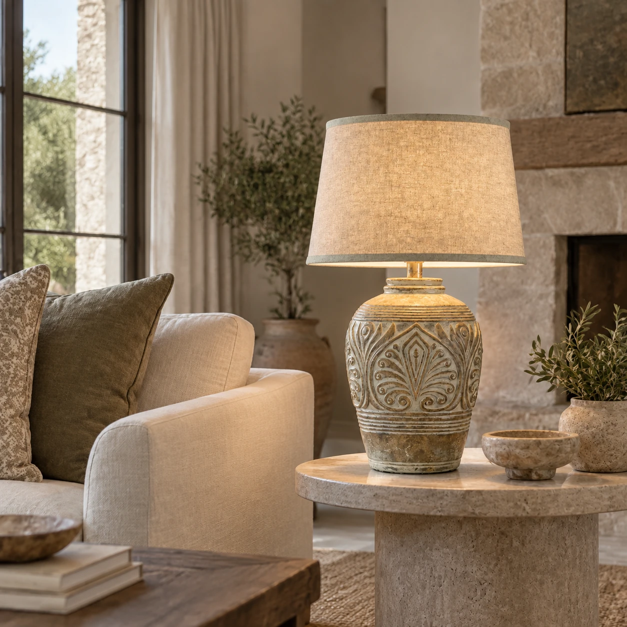 American Rustic Wood Table Lamp in a boutique hospitality lounge with stone, linen and restrained lighting