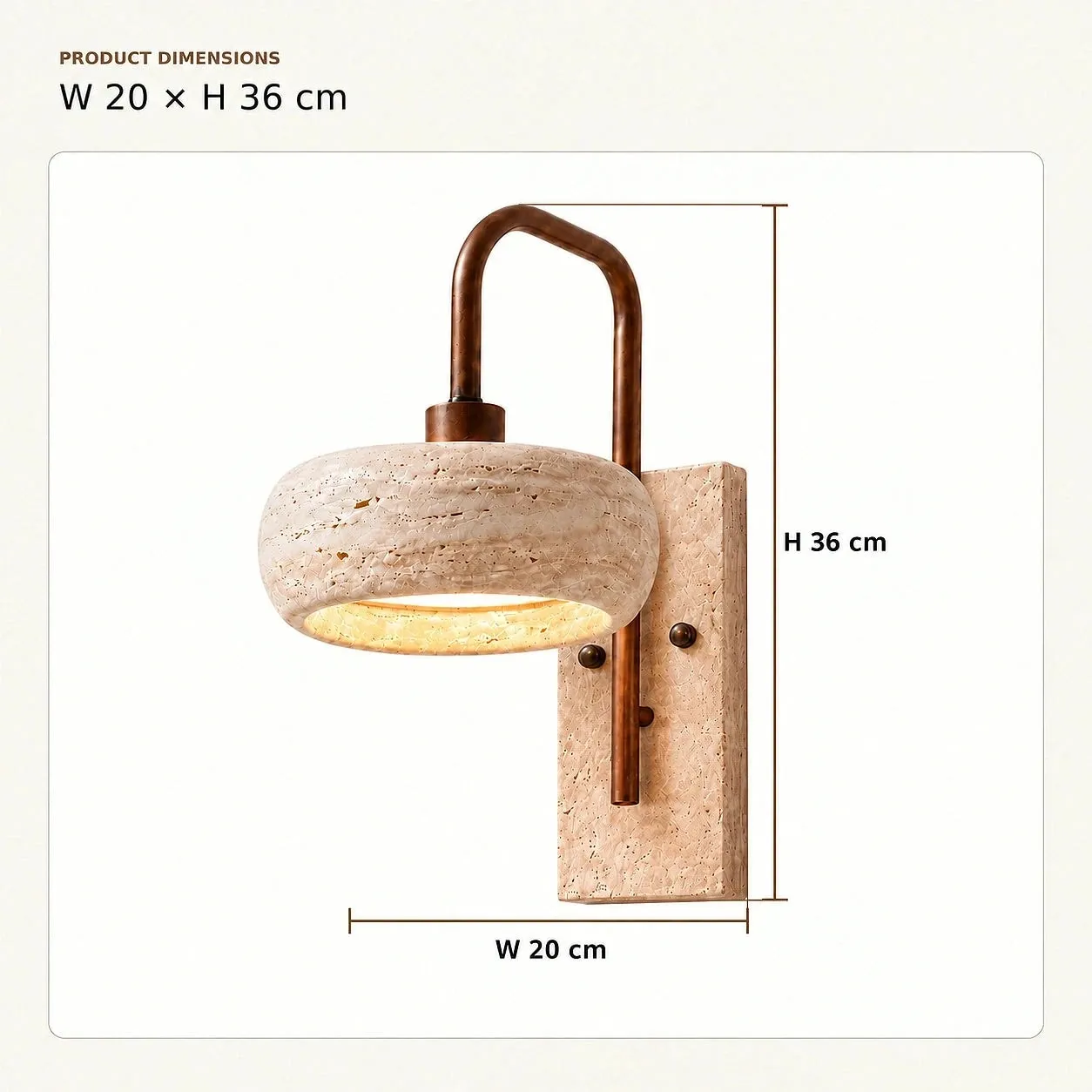 Dimension guide for Maelle wall lamp showing W 20 cm and H 36 cm