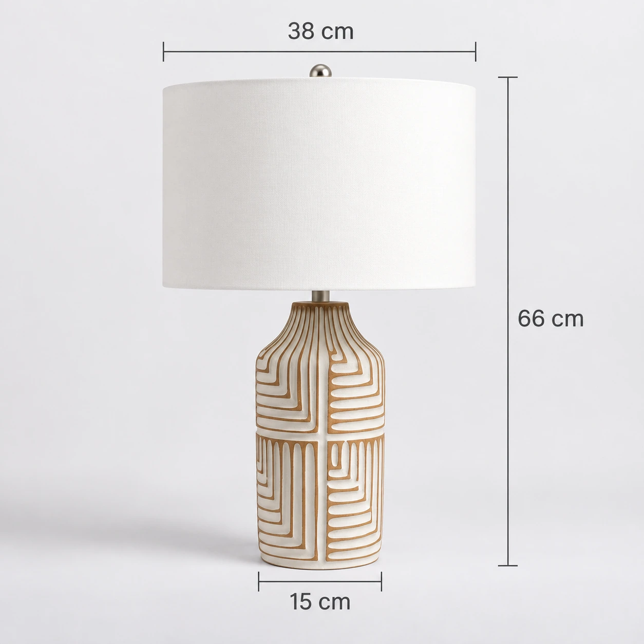 Odette table lamp dimensions: shade width 38 cm, overall height 66 cm and base diameter 15 cm