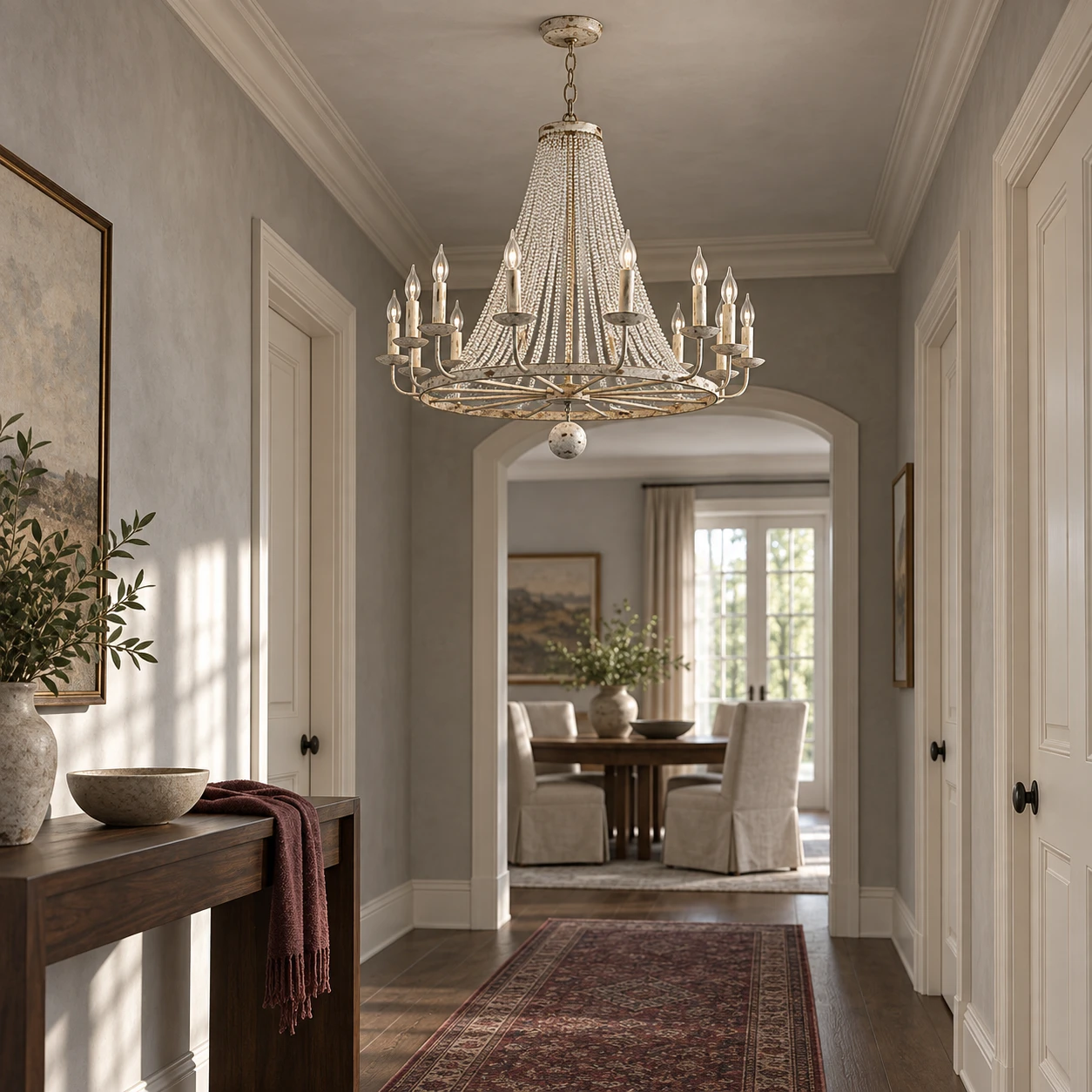 12-light French country crystal bead chandelier in an entry hall