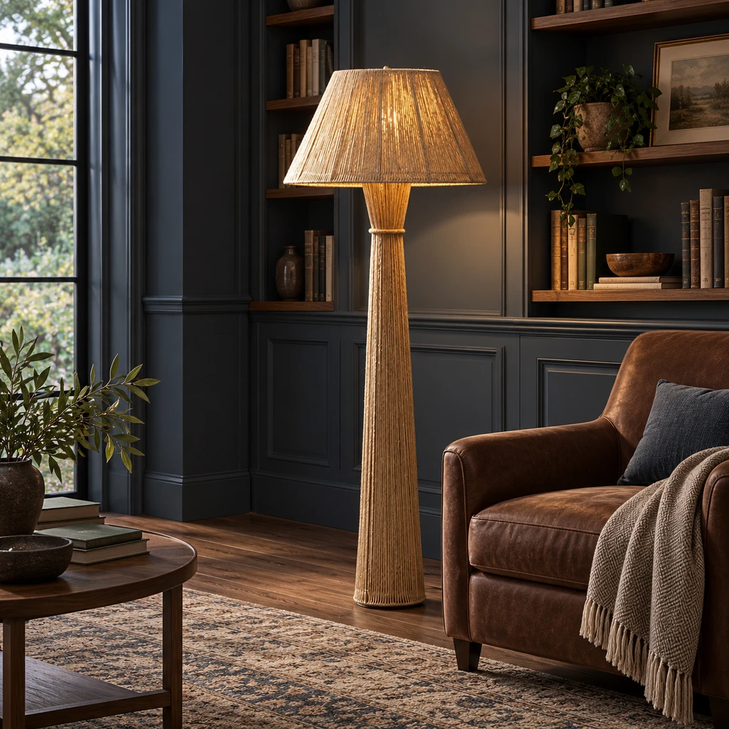 Dahlia woven floor lamp in a home library