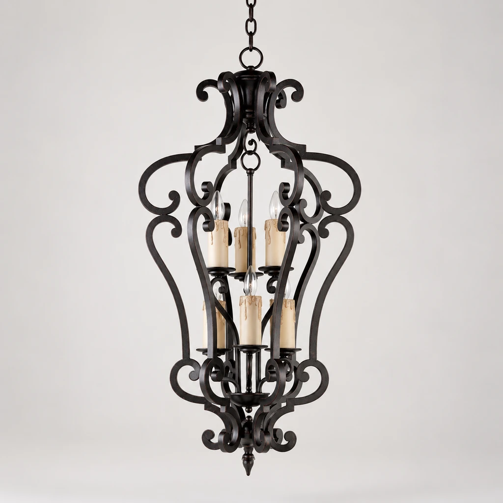 Harrow six-light iron chandelier switched off in a neutral studio