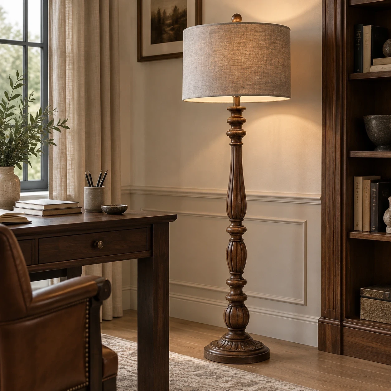 Merritt carved wood floor lamp beside a walnut study desk