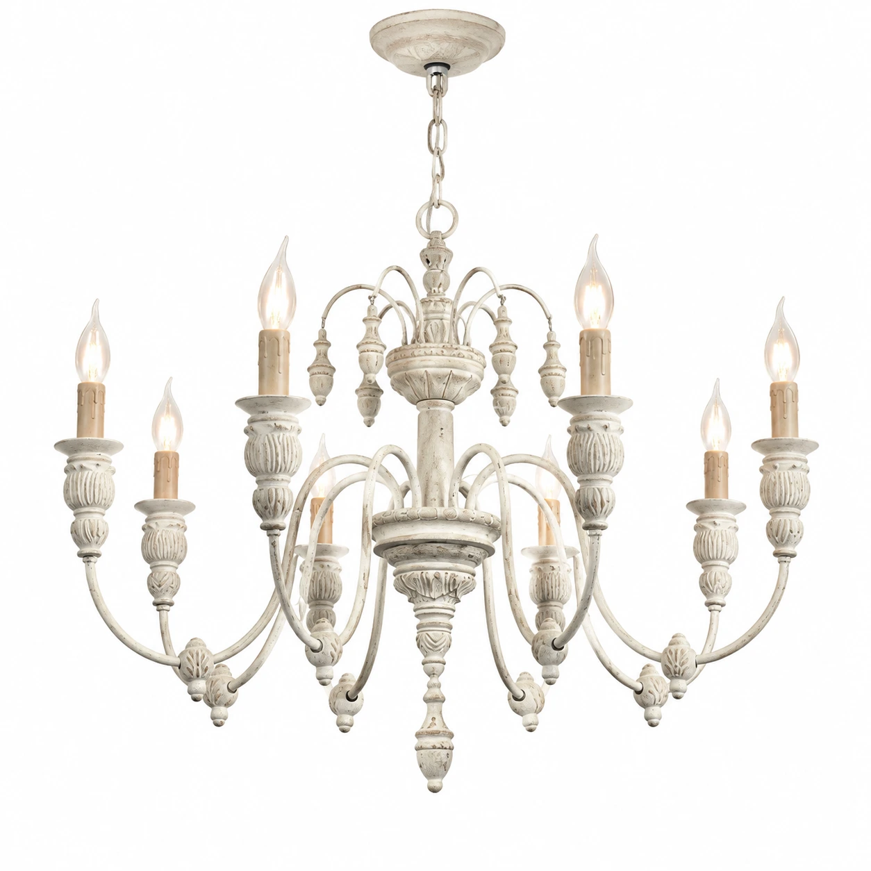 Maribel Rustic Carved Wood-Look Chandelier — 8-Light Vintage White SKU identity