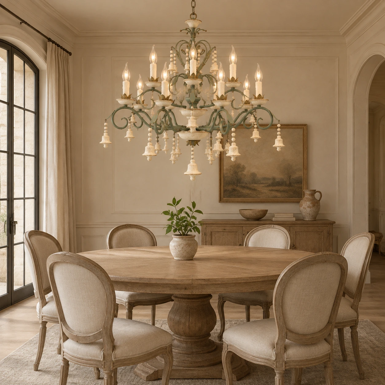 Lustre à 12 lumières gris, vert et or au-dessus d'une table à manger