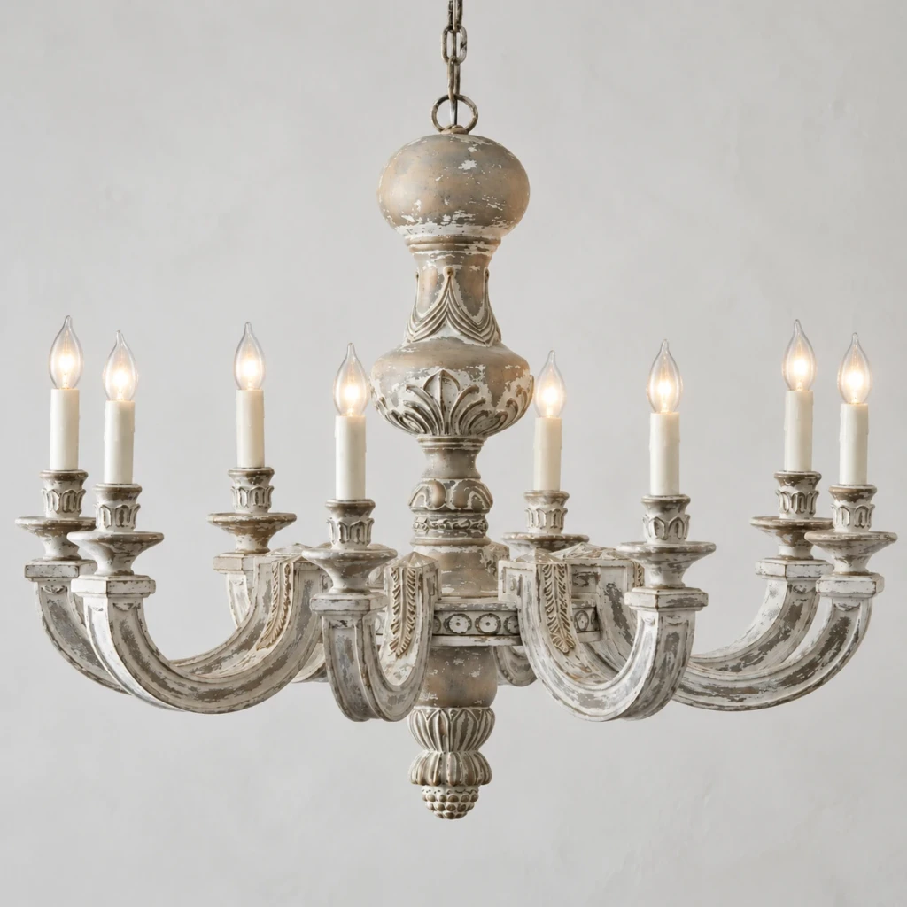 Carved chandelier arms and candle sleeves detail