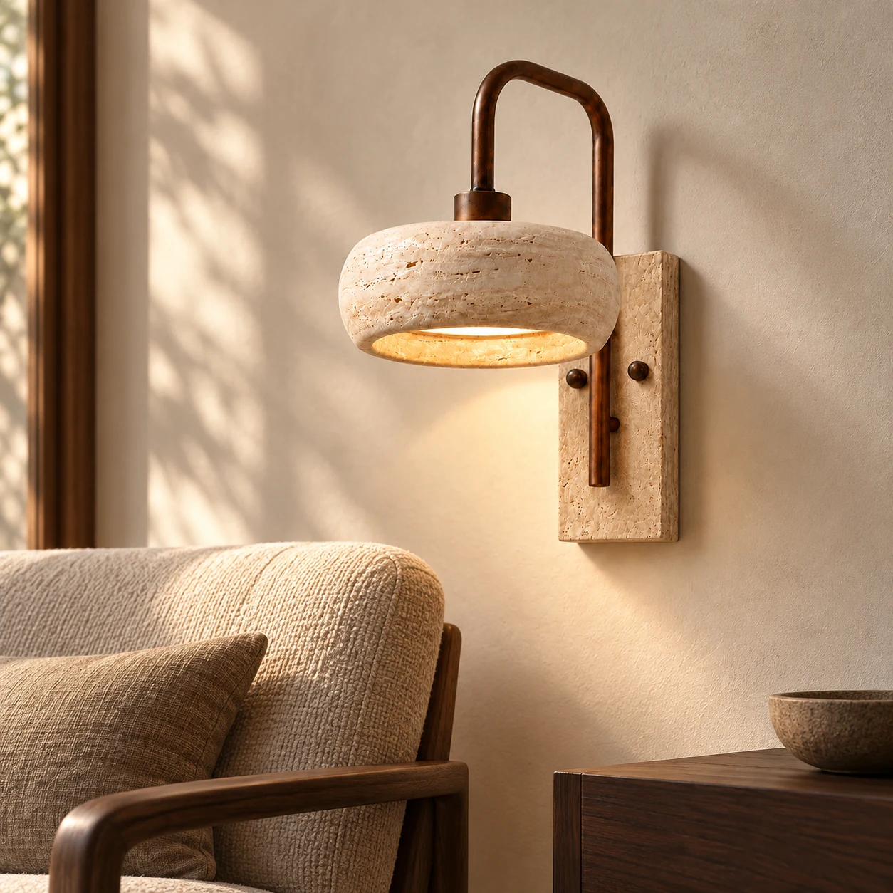 Maelle travertine wall lamp above a reading chair