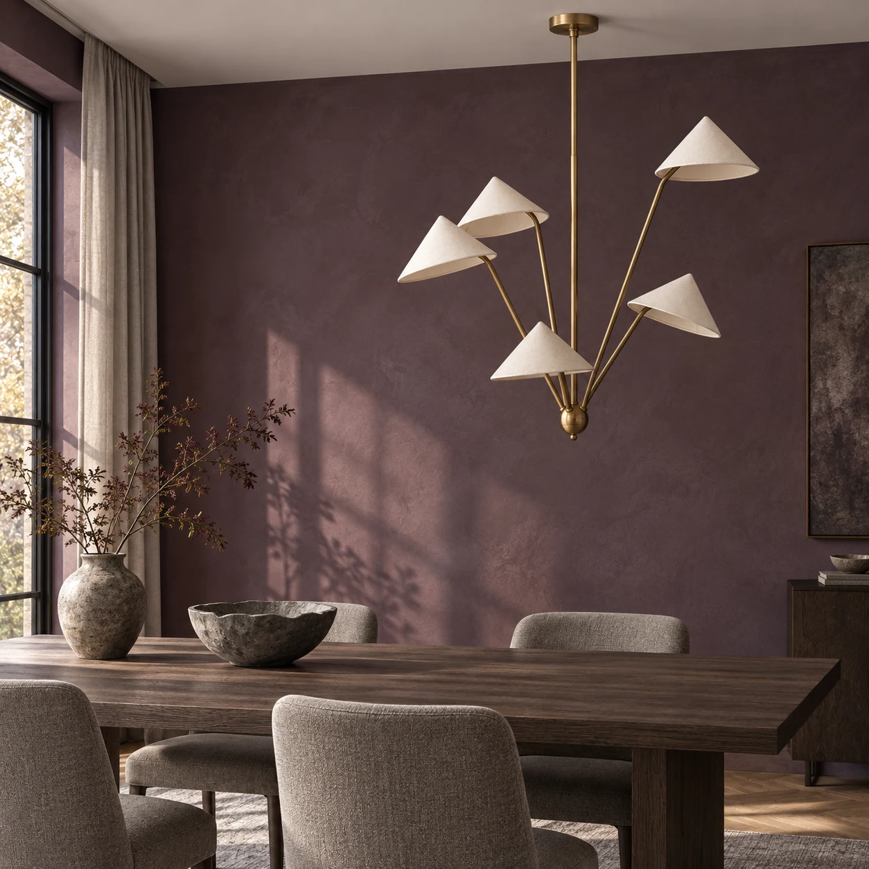 Five-light fabric shade pendant, plum dining scene
