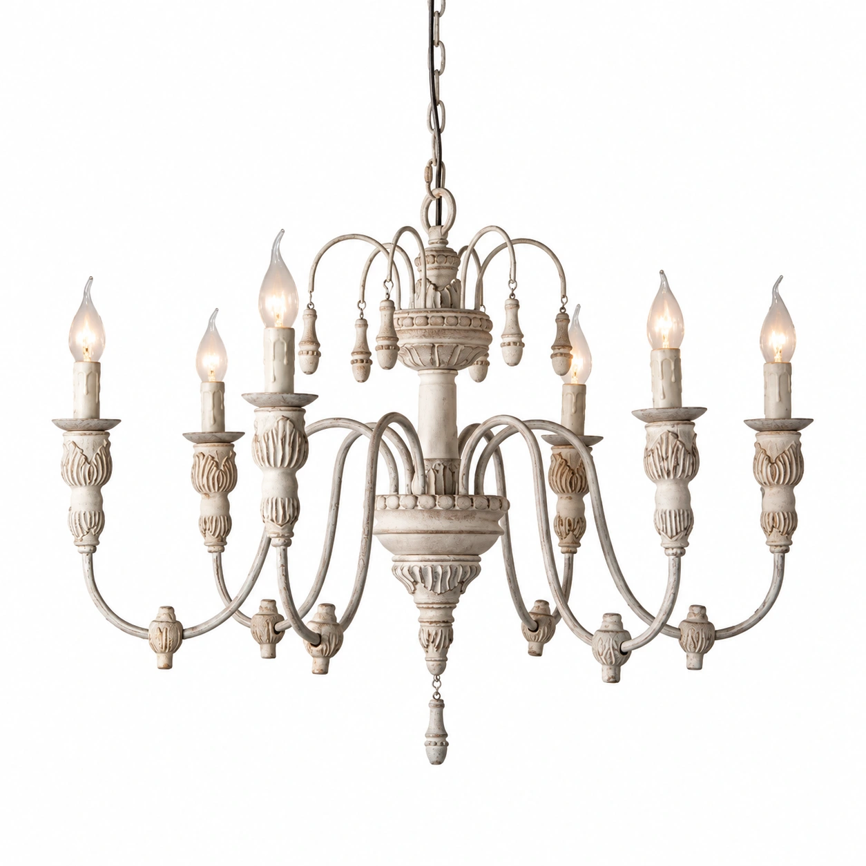 Maribel Rustic Carved Wood-Look Chandelier — 6-Light Vintage White SKU identity
