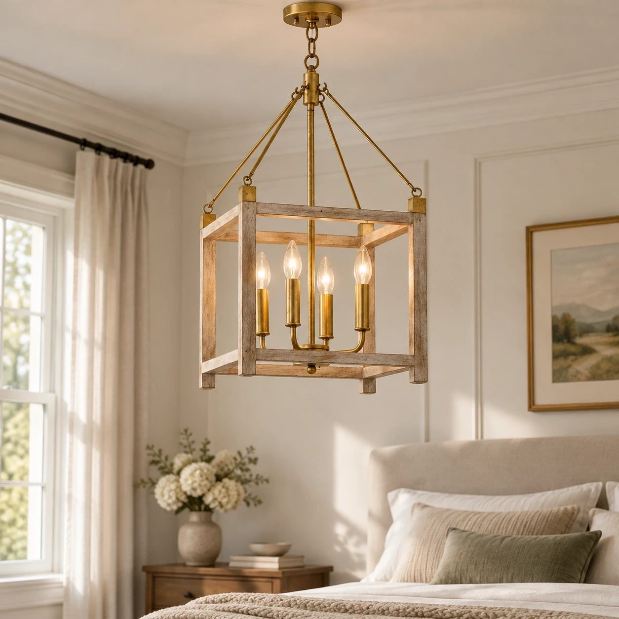 Milo American Rustic Four-Light Iron and Wood Chandelier in a bright bedroom