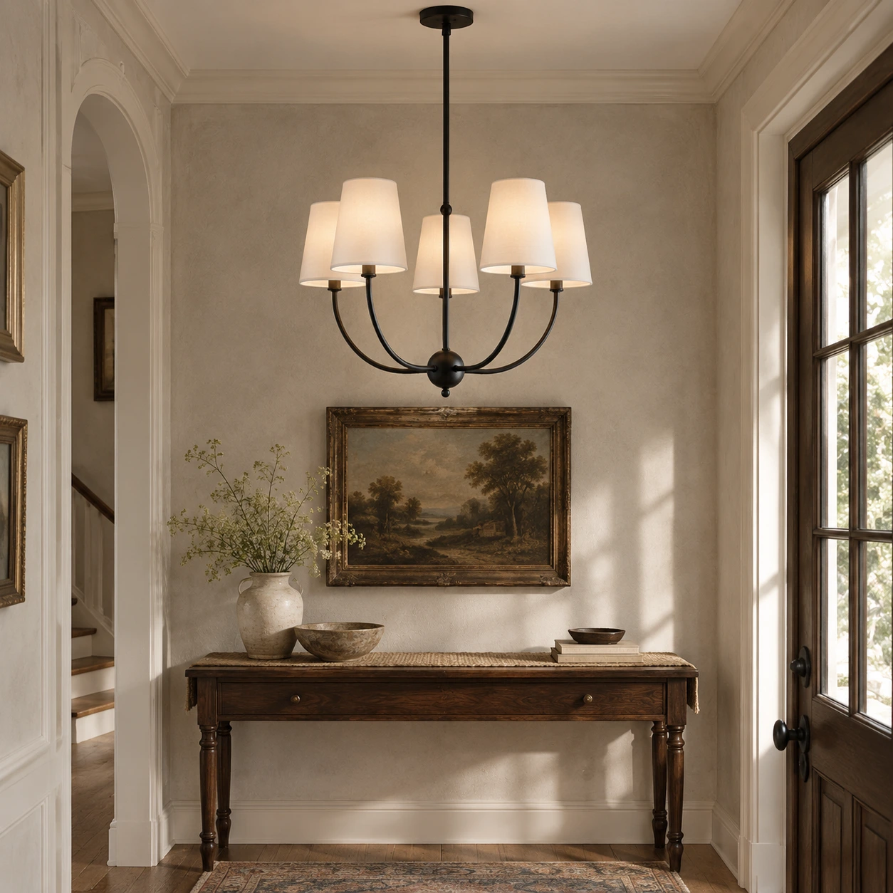 Vintage branch chandelier with fabric shades installed over an entry console