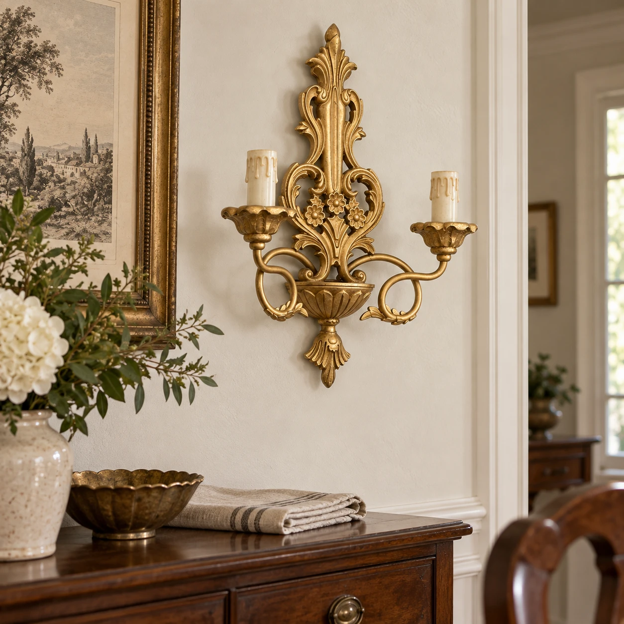 Lucien Vintage Gold wall sconce in a dining setting
