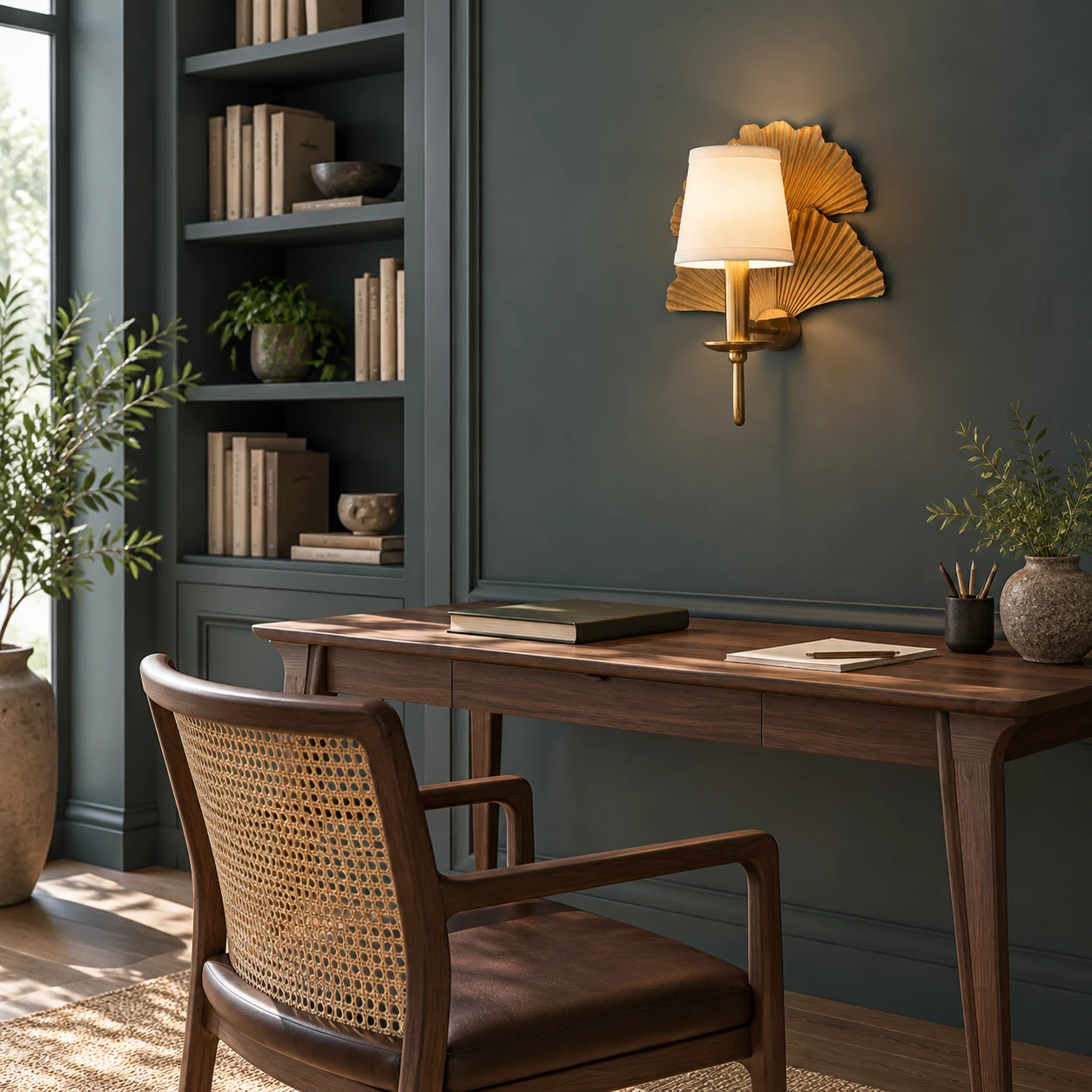 White-shade ginkgo wall sconce above a walnut writing desk