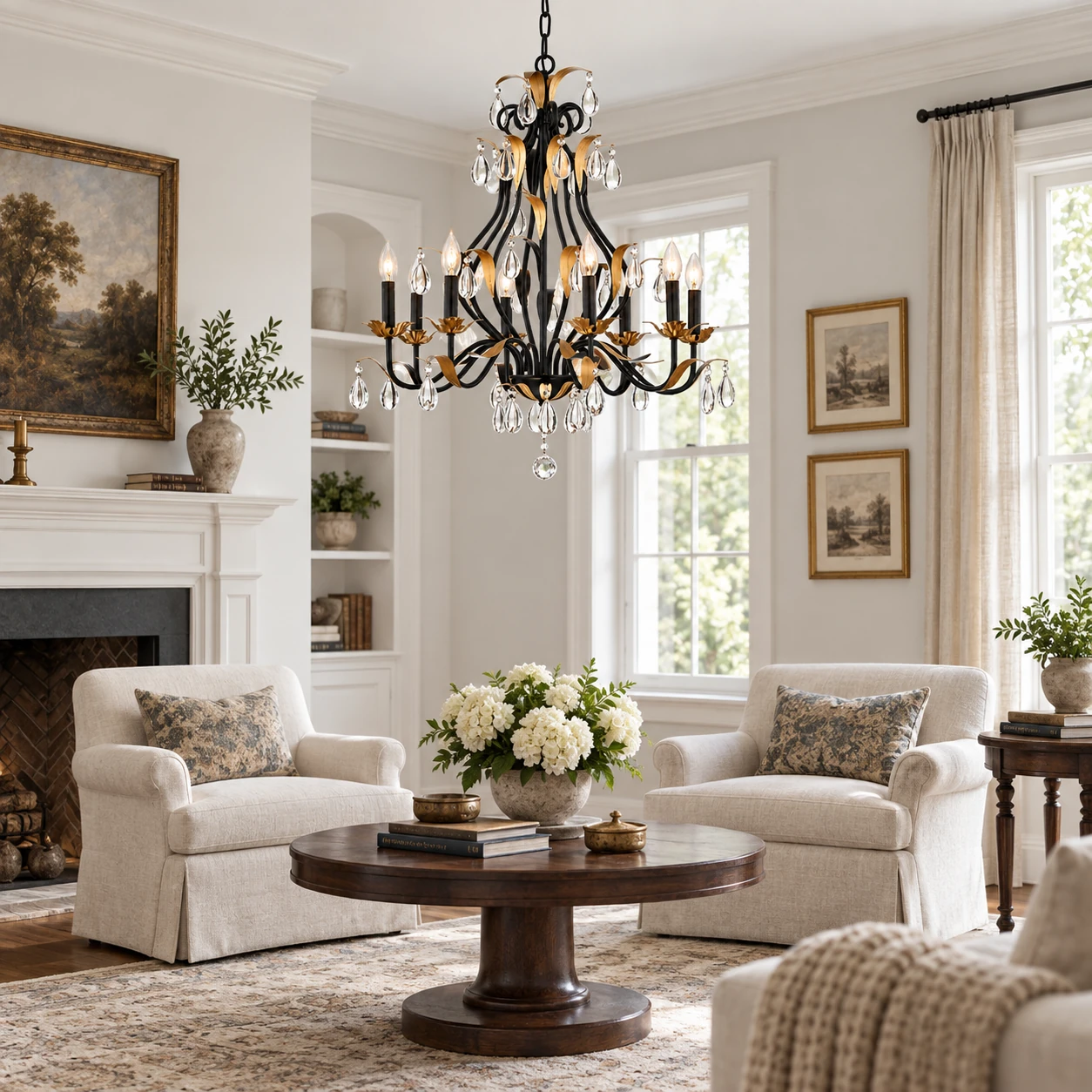 Crystal chandelier in an American vintage living room