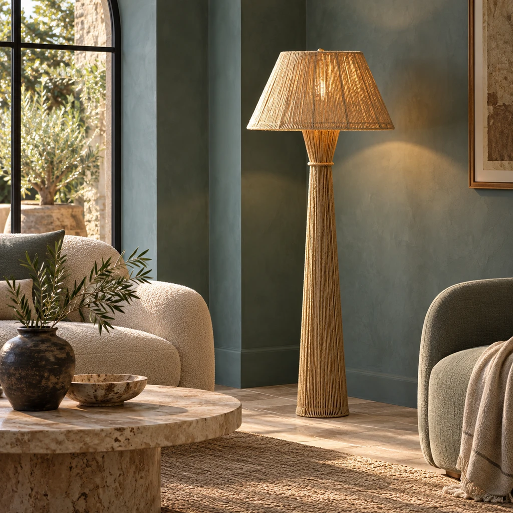 Dahlia woven floor lamp in a boutique guest lounge