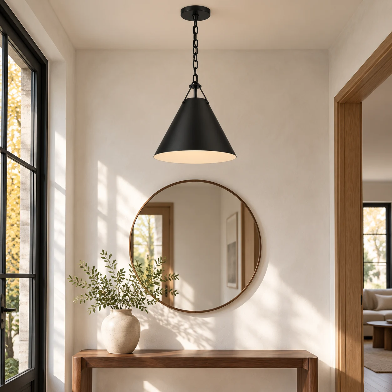 Elodie French country iron cone pendant light in a residential entry