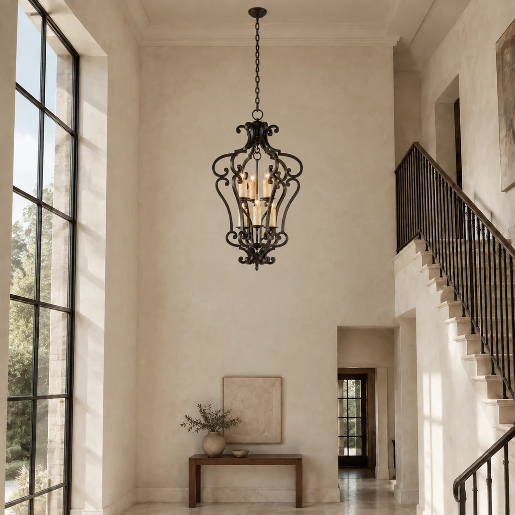 Harrow chandelier at a natural scale in a grand entry hall