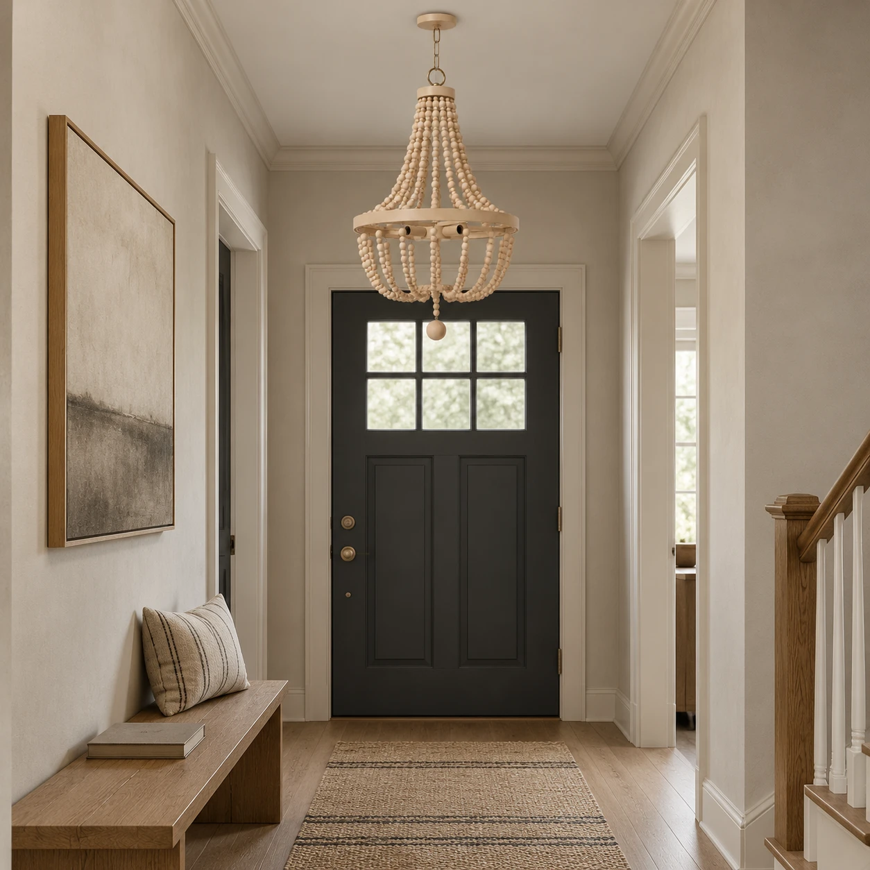 Small wood-bead chandelier in a narrow entry hall