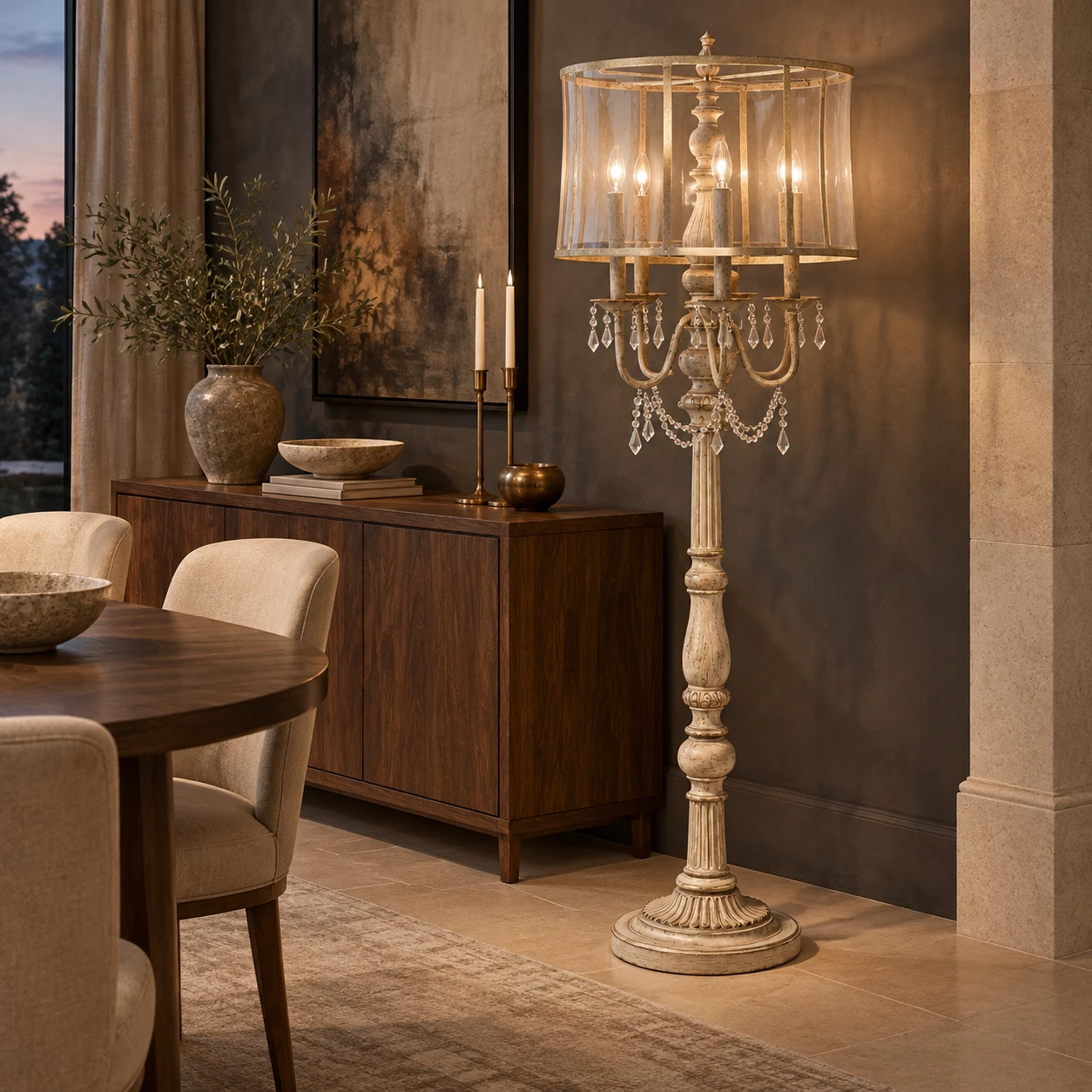 Five-light carved wood floor lamp beside a dining room sideboard