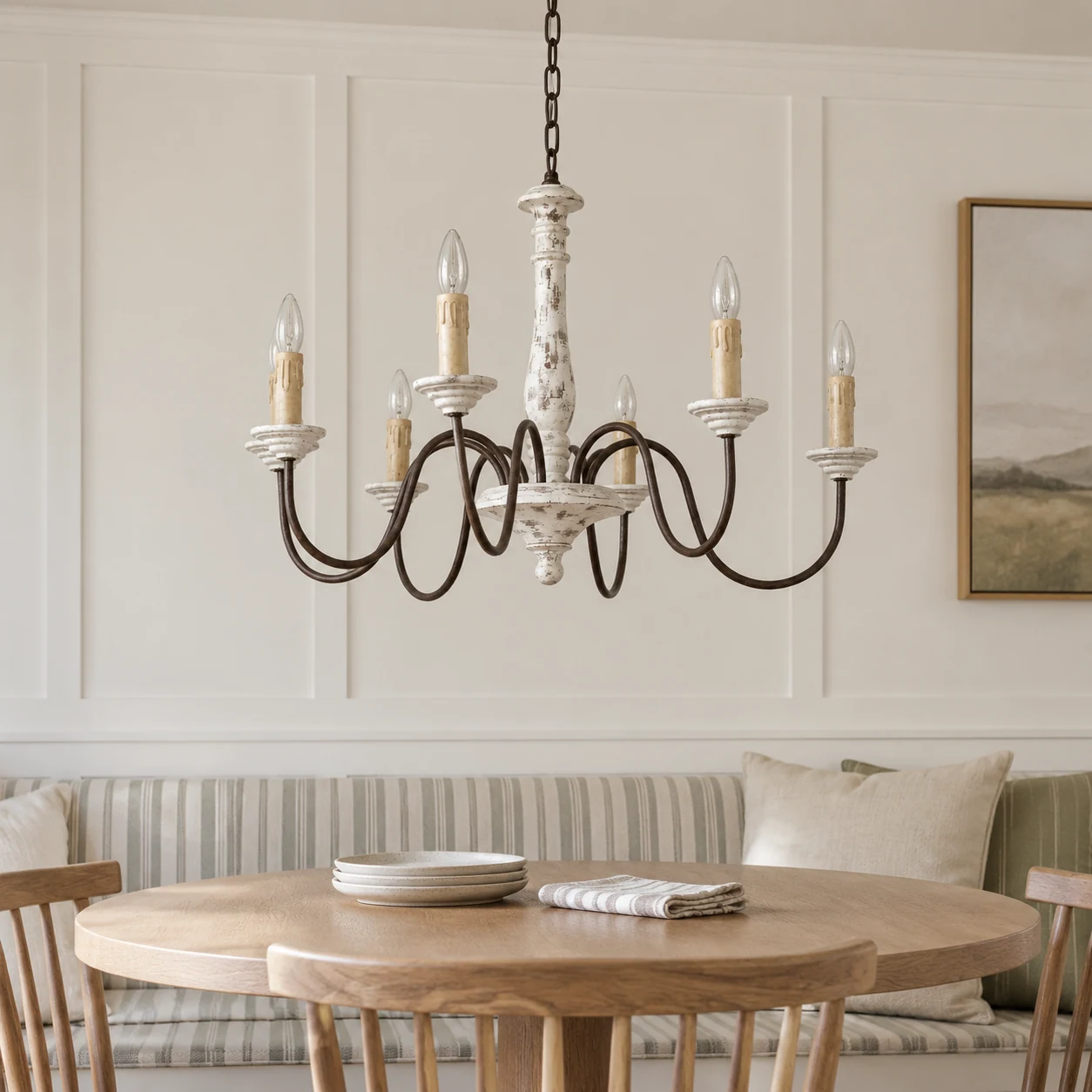 Weathered wood chandelier installed in a breakfast room