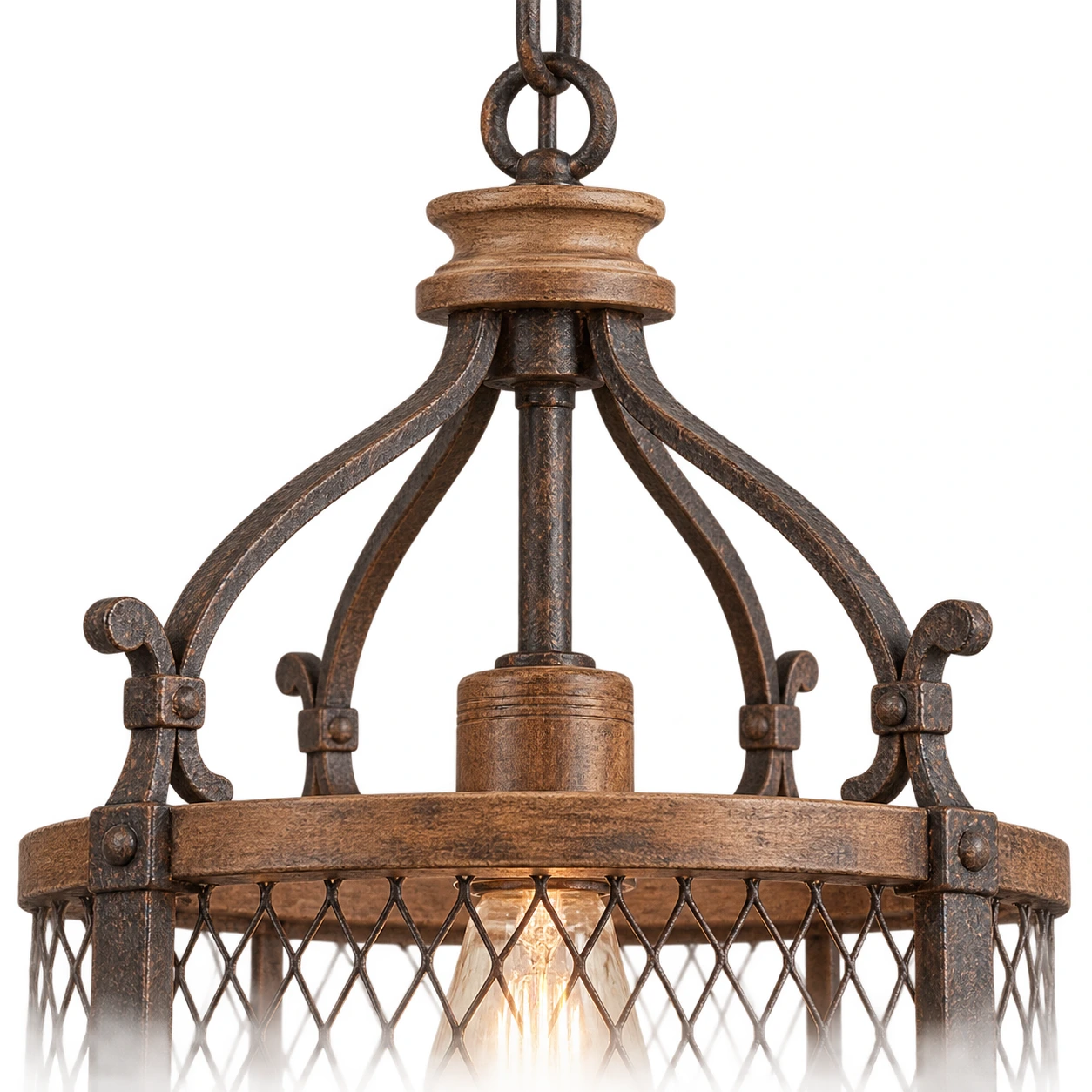 Clara Rustic Vintage Mesh Wood-and-Iron Pendant Light — 08 detail wood