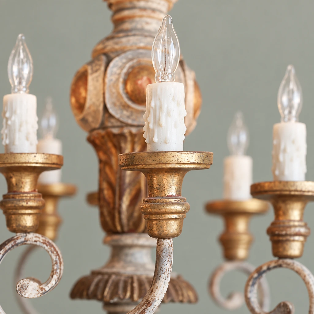 Close detail of an E14 candle cup and aged iron scroll arm