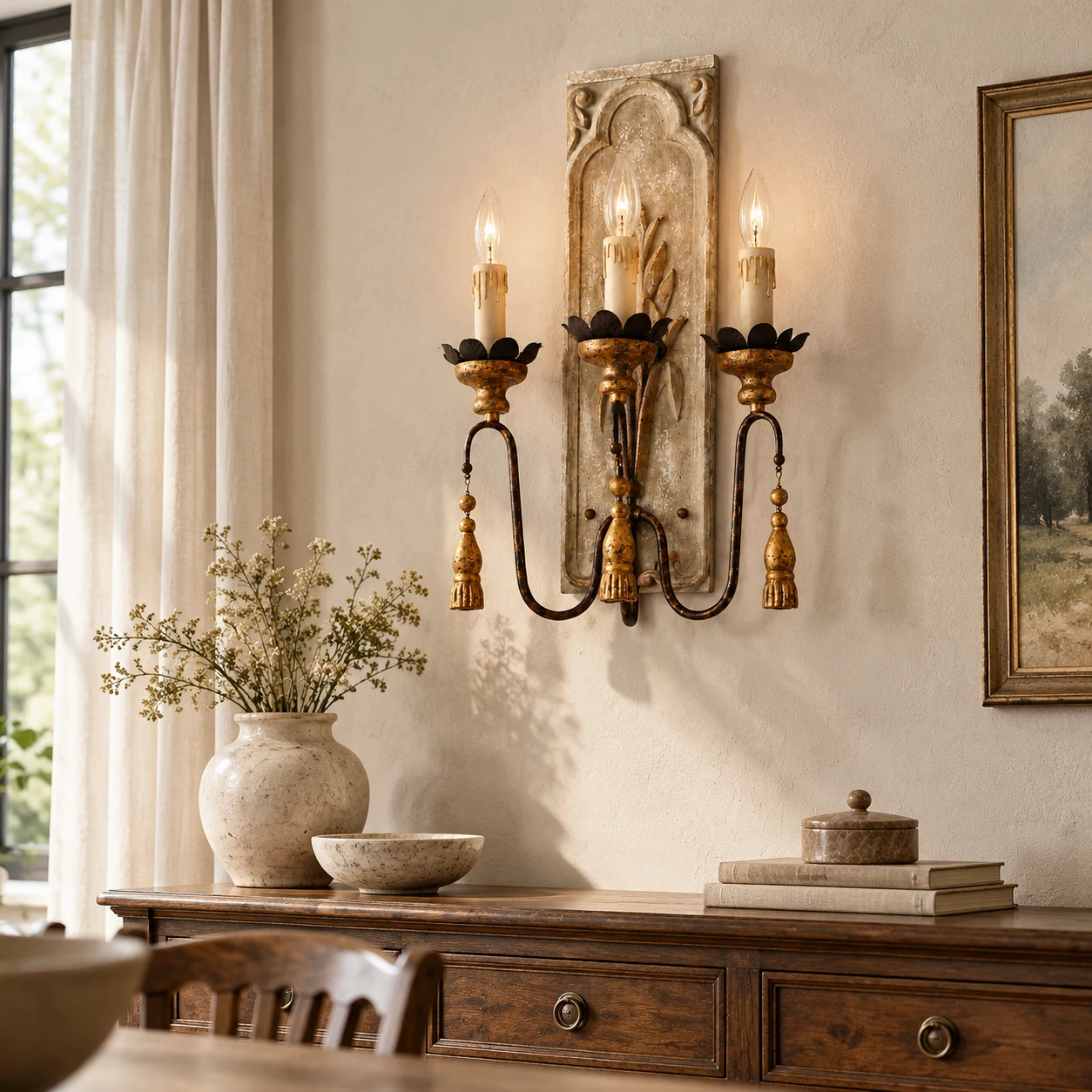 Camille French country carved-wood wall sconce in a collected dining sideboard