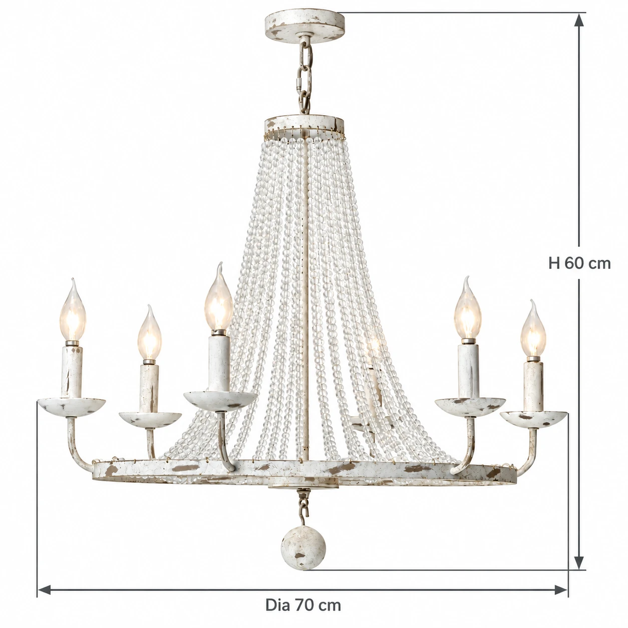 6-light chandelier dimensions: 60 cm high and 70 cm diameter